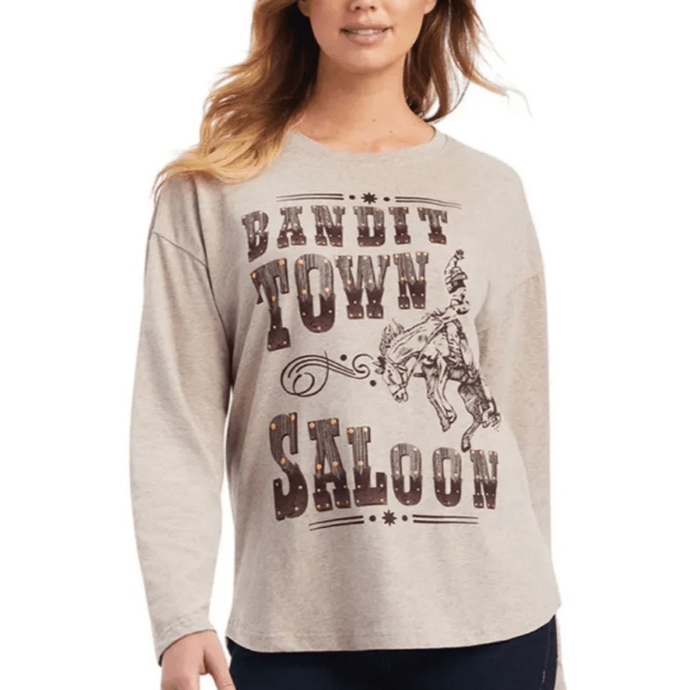 Ariat Women Small Bandit Town Saloon Graphic Long Sleeve Tee‎ Tan Relaxed Fit